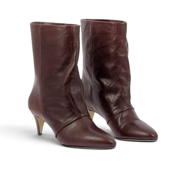 Bottines artisanales The seller pour moodeshop en cuir vintage bordeaux avec talon recouvert de 6 cm