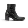 Bottines moodeshop en cuir noir façon croco avec talon bloc de 5 cm, fabriquées artisanalement en Italie.