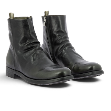 Boots artisanales Officine creative moodeshop en cuir patiné olive et noir avec fermeture éclair latérale