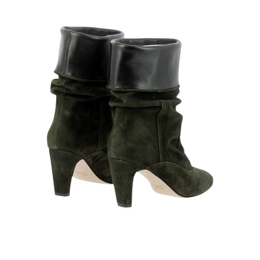 Bottines moodeshop en veau velours vert selvatico avec revers en cuir noir et talon recouvert de 6 cm