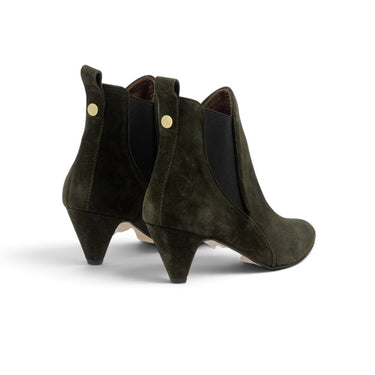 Bottines Anonymous moodeshop Rikley en daim vert mousse avec talon recouvert de 5 cm et détails dorés