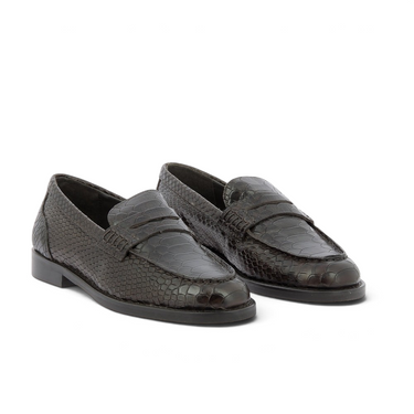 Mocassins artisanaux moodeshop Bronx en cuir marron foncé effet serpent avec talon plat de 1 cm
