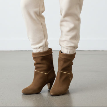 moodeshop brown suede slouch boots with gold trim detail and 5cm covered heel. Artisan made in Portugal.