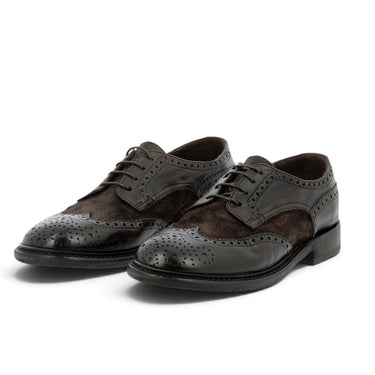 Chaussures Derby Brogue Moma pour moodeshop en cuir et daim couleur Teak avec détails perforés artisanales
