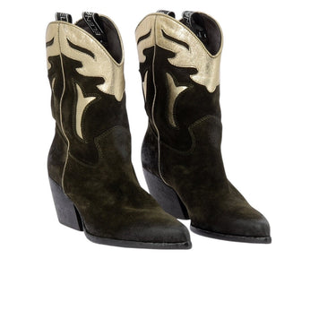 Bottes western artisanales  Elena iachi en cuir velours kaki et détails dorés avec talon de 6 cm