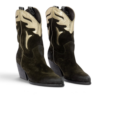 Bottes western artisanales  Elena iachi en cuir velours kaki et détails dorés avec talon de 6 cm