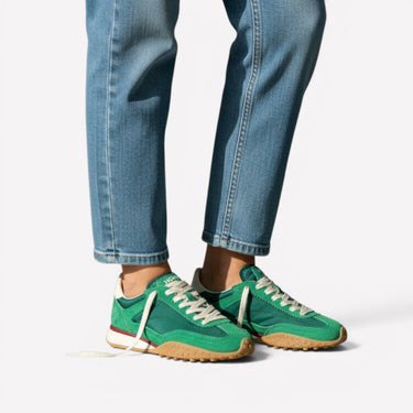 Moodeshop Hoff Bridge mk2 green suede and nylon running sneakers with gum sole and memory foam insole.