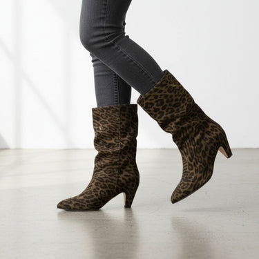 moodeshop jaguar print calf suede slouch boots with 5cm covered heel and leather sole and lining.
