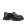 Mocassin Naomie Maison toufet en cuir glacé noir avec semelle commando et détail doré, vendu par moodeshop