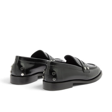 Mocassins artisanaux Maison toufet en cuir glacé noir avec détails métalliques, vus de dos sur moodeshop