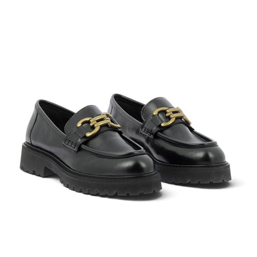 Mocassins Maison toufet Naomie en cuir glacé noir avec mors doré et semelle crantée, vendus par moodeshop