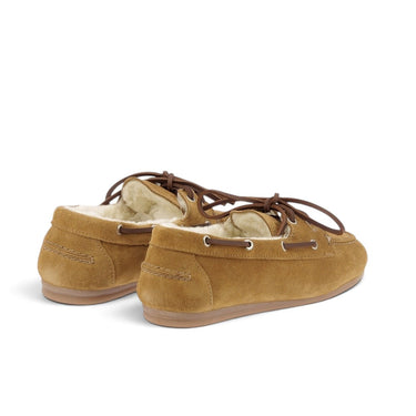 Mocassins Vilde moodeshop en cuir velours tan fourrés en laine avec lacets, vue arrière
