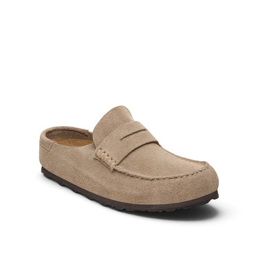 Mules Naples moodeshop en cuir suédé taupe avec surpiqûres apparentes et semelle ergonomique
