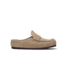 Mules moodeshop Naples en cuir suédé taupe avec surpiqûres apparentes et semelle ergonomique