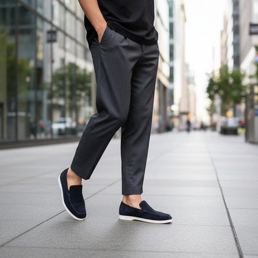 Moodeshop navy blue suede moccasins with leather lining and Blake stitched rubber sole. Artisanal craftsmanship.