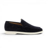 Moodeshop navy blue suede leather moccasins with white sole and artisanal construction.